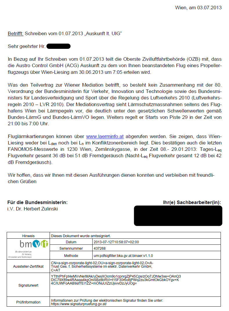 Argumentation des BMVIT mit unvollständigen Flughafenlärmmessungen