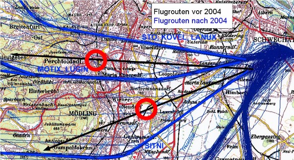 Flugroutenverschiebung und Entlastung führender Manager (rote Kreise)