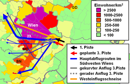 Die 3. Piste würde den Flugverkehr auf Wien und dessen Süden konzentrieren (Ausschnitt der betreffenden Flugrouten, Dicke entspricht geplanter Anzahl an Überflügen)