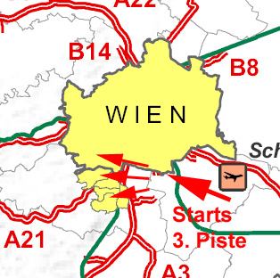 Starts von der 3. Piste gehen Richtung Wien und den dichtest besiedelten Teil NÖs
