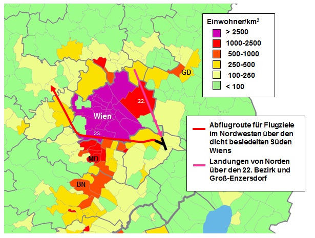 Starts und Landungen bei Windstille Starts über den Süden und Landungen über den Norden Wiens bei Windstille