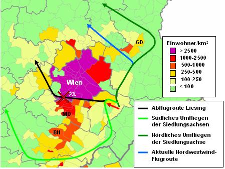 Umfliegen der Siedlungsachsen als Alternative zur Abflugroute Liesing