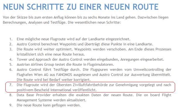Flugroute erfordert laut Flughafenhomepage Genehmigung der Ministerin